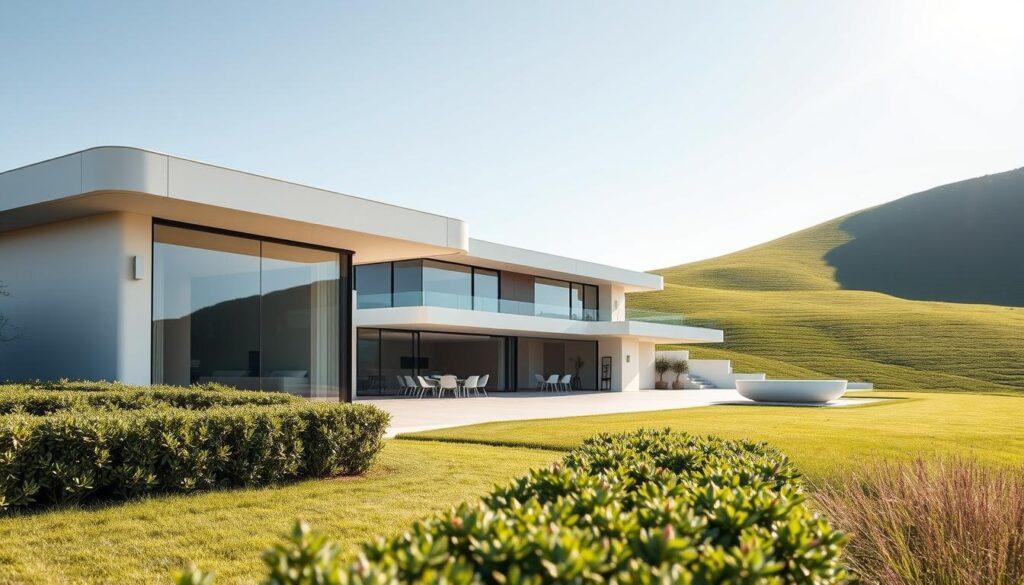 A contemporary modernist villa set in a serene suburban landscape, showcasing sleek lines, large glass windows, and minimalist architecture that emphasizes privacy and acoustic comfort. In the foreground, a landscaped garden featuring privacy hedges and smart technology installations seamlessly integrated into the design. The middle ground reveals the villa's striking façade, adorned with natural materials that enhance resilience against the environment. The background features a gentle slope leading to a quiet, lush green hillside, under a clear blue sky. Soft, warm daylight breaks through, illuminating the villa's clean surfaces, while a wide-angle perspective captures the building's harmonious relation to its surroundings, evoking a sense of tranquility and modern living. A contemporary modernist villa set in a serene suburban landscape, showcasing sleek lines, large glass windows, and minimalist architecture that emphasizes privacy and acoustic comfort. In the foreground, a landscaped garden featuring privacy hedges and smart technology installations seamlessly integrated into the design. The middle ground reveals the villa's striking façade, adorned with natural materials that enhance resilience against the environment. The background features a gentle slope leading to a quiet, lush green hillside, under a clear blue sky. Soft, warm daylight breaks through, illuminating the villa's clean surfaces, while a wide-angle perspective captures the building's harmonious relation to its surroundings, evoking a sense of tranquility and modern living.