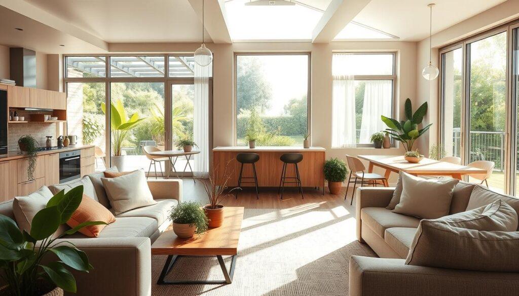 A cozy, eco-friendly villa interior showcasing healthy living concepts. In the foreground, a spacious, well-lit living room features large, energy-efficient windows that fill the space with natural daylight, enhancing a sense of tranquility. Comfortable, sustainable furniture is arranged around a natural wood coffee table adorned with indoor plants. In the middle ground, an open kitchen displays non-toxic materials and a sleek, modern design, with plants integrated into the decor, promoting biophilia. In the background, a view of a serene garden visible through the windows emphasizes natural ventilation. Soft daylight streaming in creates a warm, inviting atmosphere. The color palette consists of earth tones, with soft textures to enhance acoustics, emphasizing a balance of luxury and eco-consciousness. A cozy, eco-friendly villa interior showcasing healthy living concepts. In the foreground, a spacious, well-lit living room features large, energy-efficient windows that fill the space with natural daylight, enhancing a sense of tranquility. Comfortable, sustainable furniture is arranged around a natural wood coffee table adorned with indoor plants. In the middle ground, an open kitchen displays non-toxic materials and a sleek, modern design, with plants integrated into the decor, promoting biophilia. In the background, a view of a serene garden visible through the windows emphasizes natural ventilation. Soft daylight streaming in creates a warm, inviting atmosphere. The color palette consists of earth tones, with soft textures to enhance acoustics, emphasizing a balance of luxury and eco-consciousness.
