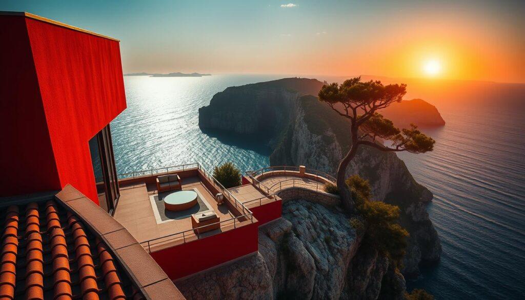 A dramatic view of Villa Malaparte’s rooftop terrace, perched on a rugged cliff overlooking the shimmering Mediterranean Sea. In the foreground, the distinctive angular architecture of the villa showcases its bold red façade and minimalistic design, framed by terracotta tiles. The middle ground features the expansive terrace with elegant, modern furniture, inviting guests to relax while enjoying breathtaking views. The background captures the dramatic cliffs and azure waters, under a vibrant sunset casting warm golden light across the scene. A soft breeze sways nearby trees, enhancing the serene atmosphere. Use a wide-angle lens to encapsulate the grandeur of the villa and its surroundings, ensuring a sense of depth and perspective in the image. A dramatic view of Villa Malaparte’s rooftop terrace, perched on a rugged cliff overlooking the shimmering Mediterranean Sea. In the foreground, the distinctive angular architecture of the villa showcases its bold red façade and minimalistic design, framed by terracotta tiles. The middle ground features the expansive terrace with elegant, modern furniture, inviting guests to relax while enjoying breathtaking views. The background captures the dramatic cliffs and azure waters, under a vibrant sunset casting warm golden light across the scene. A soft breeze sways nearby trees, enhancing the serene atmosphere. Use a wide-angle lens to encapsulate the grandeur of the villa and its surroundings, ensuring a sense of depth and perspective in the image.