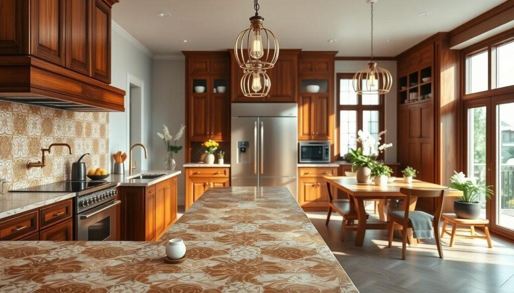 A fusion villa kitchen and bath design that elegantly blends modern and traditional elements. In the foreground, showcase a beautifully crafted artisan tile backsplash with intricate patterns in warm earthy tones. The centerpiece is a contemporary kitchen island featuring rich wooden cabinetry and warm metal finishes in gold and brass. Surrounding space includes elegantly designed fixtures, like a sleek faucet and hanging pendant lights, offering soft illumination. In the middle, a cozy, sunlit dining area exudes warmth with potted plants and natural light streaming through large windows, enhancing the inviting atmosphere. The background reveals a harmonious blend of modern appliances subtly integrated with traditional wooden accents. The mood is warm and welcoming, ideal for aspiring homeowners seeking a timeless character in their kitchens and baths. A fusion villa kitchen and bath design that elegantly blends modern and traditional elements. In the foreground, showcase a beautifully crafted artisan tile backsplash with intricate patterns in warm earthy tones. The centerpiece is a contemporary kitchen island featuring rich wooden cabinetry and warm metal finishes in gold and brass. Surrounding space includes elegantly designed fixtures, like a sleek faucet and hanging pendant lights, offering soft illumination. In the middle, a cozy, sunlit dining area exudes warmth with potted plants and natural light streaming through large windows, enhancing the inviting atmosphere. The background reveals a harmonious blend of modern appliances subtly integrated with traditional wooden accents. The mood is warm and welcoming, ideal for aspiring homeowners seeking a timeless character in their kitchens and baths.