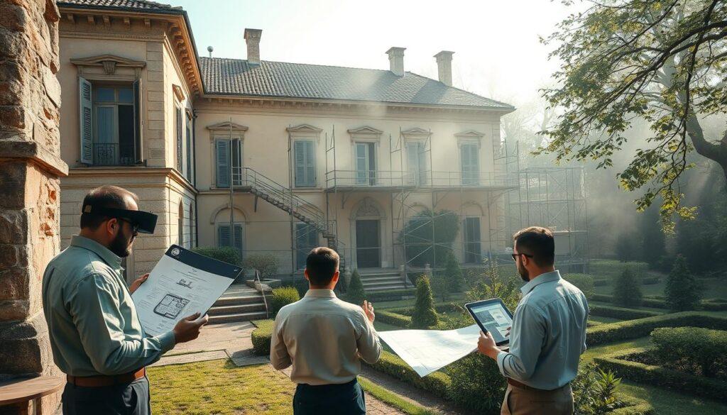 A historic villa undergoing restoration, showcasing a blend of traditional architecture and modern technology. In the foreground, skilled artisans in professional attire are meticulously examining blueprints and using digital tools like tablets and augmented reality glasses. The middle ground features scaffolding around the villa, revealing scaffolding and advanced restoration equipment, including drones and 3D printers, positioned to restore intricate stonework and frescos. The background contains lush gardens, partially obscured by a delicate morning mist, under soft, diffused sunlight filtering through the trees. The atmosphere is one of hope and innovation, capturing a harmonious balance between history and modern preservation techniques. The angle is slightly elevated, providing a comprehensive view of the villa and its surroundings, ensuring an immersive perspective on the restoration process. A historic villa undergoing restoration, showcasing a blend of traditional architecture and modern technology. In the foreground, skilled artisans in professional attire are meticulously examining blueprints and using digital tools like tablets and augmented reality glasses. The middle ground features scaffolding around the villa, revealing scaffolding and advanced restoration equipment, including drones and 3D printers, positioned to restore intricate stonework and frescos. The background contains lush gardens, partially obscured by a delicate morning mist, under soft, diffused sunlight filtering through the trees. The atmosphere is one of hope and innovation, capturing a harmonious balance between history and modern preservation techniques. The angle is slightly elevated, providing a comprehensive view of the villa and its surroundings, ensuring an immersive perspective on the restoration process.
