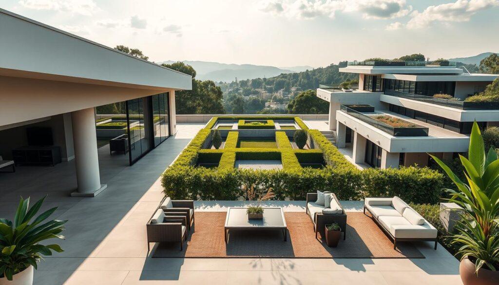 A modernist villa featuring a seamless integration of indoor and outdoor spaces. In the foreground, an elegant terrace adorned with minimalist furniture and lush green plants invites relaxation. The middle ground showcases expansive glass walls that open to a beautifully landscaped courtyard, framed by geometric hedges. The background reveals a striking flat roof with rooftop gardens, surrounded by panoramic vistas of nature. Soft, diffused sunlight bathes the scene, casting gentle shadows that create a serene atmosphere. The image should reflect a harmonious balance between architecture and nature, emphasizing the interplay of light, space, and materials. Shot with a wide-angle lens to capture the grandeur and sophistication of modernist design. A modernist villa featuring a seamless integration of indoor and outdoor spaces. In the foreground, an elegant terrace adorned with minimalist furniture and lush green plants invites relaxation. The middle ground showcases expansive glass walls that open to a beautifully landscaped courtyard, framed by geometric hedges. The background reveals a striking flat roof with rooftop gardens, surrounded by panoramic vistas of nature. Soft, diffused sunlight bathes the scene, casting gentle shadows that create a serene atmosphere. The image should reflect a harmonious balance between architecture and nature, emphasizing the interplay of light, space, and materials. Shot with a wide-angle lens to capture the grandeur and sophistication of modernist design.