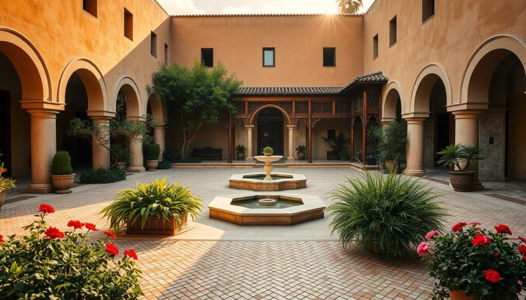 A serene courtyard featuring a blend of architectural styles reflecting Roman atrium, Islamic riad, Spanish patio, and Chinese siheyuan designs. In the foreground, a mosaic-tiled floor adorned with lush greenery and vibrant flowers creates an inviting atmosphere. The middle ground showcases an intricately designed water feature, complemented by shaded seating areas with elegant arches and intricate woodwork. In the background, harmonious surrounding walls made of adobe and stone provide an intimate feel, bathed in warm, golden sunlight filtering through soft clouds. The scene captures a tranquil essence, highlighting the interplay of light and shadow, evoking a sense of peaceful coexistence among cultures. The angle is wide, allowing for a clear view of the various elements, enhancing the tranquil ambiance. A serene courtyard featuring a blend of architectural styles reflecting Roman atrium, Islamic riad, Spanish patio, and Chinese siheyuan designs. In the foreground, a mosaic-tiled floor adorned with lush greenery and vibrant flowers creates an inviting atmosphere. The middle ground showcases an intricately designed water feature, complemented by shaded seating areas with elegant arches and intricate woodwork. In the background, harmonious surrounding walls made of adobe and stone provide an intimate feel, bathed in warm, golden sunlight filtering through soft clouds. The scene captures a tranquil essence, highlighting the interplay of light and shadow, evoking a sense of peaceful coexistence among cultures. The angle is wide, allowing for a clear view of the various elements, enhancing the tranquil ambiance.