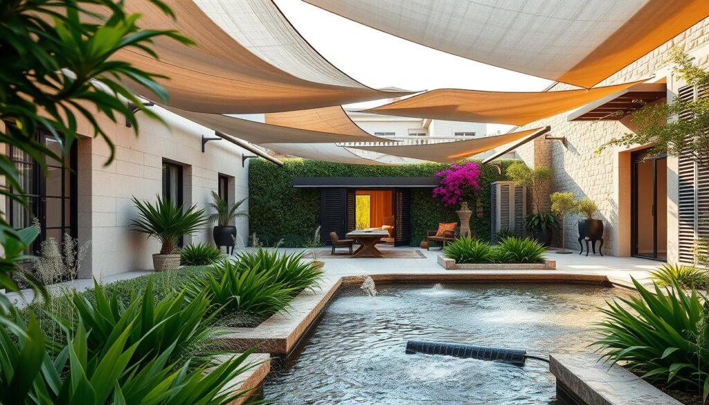 A serene courtyard villa design, showcasing a harmonious blend of water features and shade elements. In the foreground, gentle water rills flow amidst lush green plants, with misters creating a delicate mist. Elegant pergolas and fabric sails provide shade, framing the space with soft shadows and dappled light. Middle ground highlights louvers allowing for controlled sunlight and ventilation. Green walls adorned with vibrant flora enhance the sense of tranquility. The background features textured architecture that reflects cultural influences, bathed in warm, natural light, suggesting a late afternoon ambiance. The image conveys a peaceful, inviting atmosphere, ideal for showcasing innovative climate control and privacy solutions in architectural design. A serene courtyard villa design, showcasing a harmonious blend of water features and shade elements. In the foreground, gentle water rills flow amidst lush green plants, with misters creating a delicate mist. Elegant pergolas and fabric sails provide shade, framing the space with soft shadows and dappled light. Middle ground highlights louvers allowing for controlled sunlight and ventilation. Green walls adorned with vibrant flora enhance the sense of tranquility. The background features textured architecture that reflects cultural influences, bathed in warm, natural light, suggesting a late afternoon ambiance. The image conveys a peaceful, inviting atmosphere, ideal for showcasing innovative climate control and privacy solutions in architectural design.