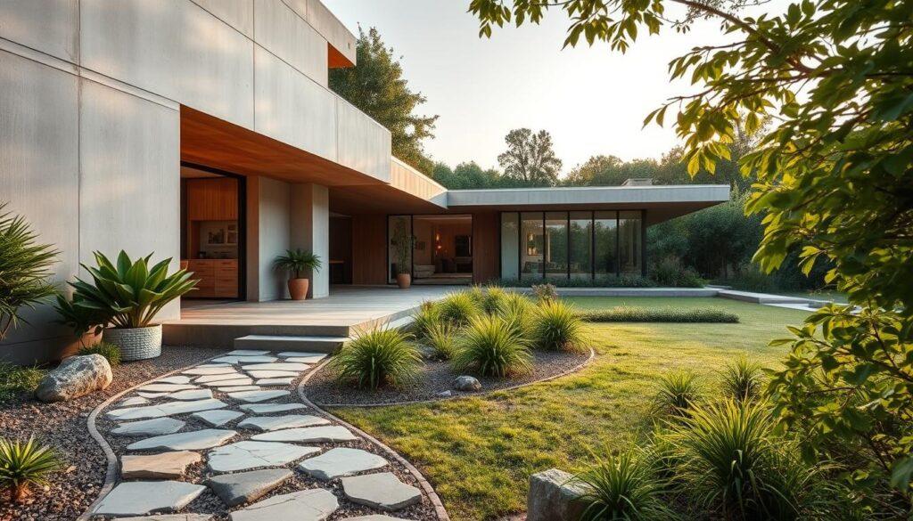 A serene eco-sustainable villa surrounded by lush greenery, showcasing its unique materials: low-carbon concrete walls with a smooth finish, warm mass timber accents, textured lime plaster surfaces, and gleaming recycled metal features. In the foreground, a pathway of natural stones leads to a modern entrance, framed by potted plants. The middle ground highlights large, energy-efficient windows that allow sunlight to flood into the living space, emphasizing the rich hues of the natural materials. In the background, a tranquil garden blends seamlessly into the landscape. The scene is bathed in soft, golden hour lighting, creating an inviting atmosphere of luxury and sustainability. The angle is slightly elevated, capturing the villa’s harmonious integration with nature. A serene eco-sustainable villa surrounded by lush greenery, showcasing its unique materials: low-carbon concrete walls with a smooth finish, warm mass timber accents, textured lime plaster surfaces, and gleaming recycled metal features. In the foreground, a pathway of natural stones leads to a modern entrance, framed by potted plants. The middle ground highlights large, energy-efficient windows that allow sunlight to flood into the living space, emphasizing the rich hues of the natural materials. In the background, a tranquil garden blends seamlessly into the landscape. The scene is bathed in soft, golden hour lighting, creating an inviting atmosphere of luxury and sustainability. The angle is slightly elevated, capturing the villa’s harmonious integration with nature.