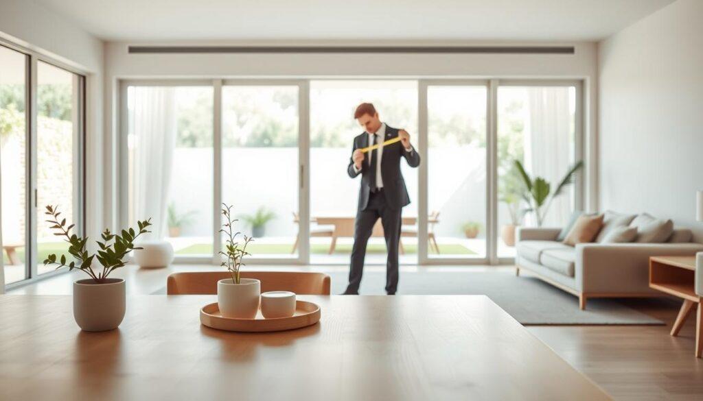 A serene minimalist villa interior that emphasizes quality of life, featuring a spacious, uncluttered living area with large windows allowing natural light to flow in. In the foreground, a sleek wooden table holds a simple potted plant and a few elegantly designed lifestyle items, representing minimalism. In the middle, a person dressed in professional business attire is measuring the dimensions of the space with a tape measure, showing a focus on functionality and design impact. The background reveals a soft, neutral palette with subtle textures, clean lines, and a view of a tranquil outdoor setting, where greenery blends harmoniously with the architecture. Soft, diffused sunlight creates an inviting atmosphere, enhancing the theme of luxury through simplicity and intention.