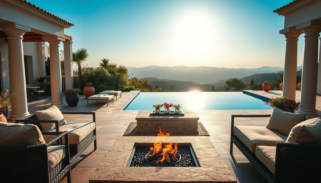 A serene modern Mediterranean outdoor room featuring elegant classical axes, seamlessly blending traditional and contemporary design. In the foreground, a beautifully crafted stone fire pit surrounded by stylish, cushioned seating arrangements. In the middle, a sleek infinity pool glistening under soft, warm sunlight, reflecting the lush greenery and terracotta planters filled with vibrant flowers. The background showcases a stunning view of distant hills, framed by a clear blue sky, enhancing the tranquil atmosphere. The scene is bathed in golden hour light, creating a cozy and inviting mood. Capture this from a low angle perspective to emphasize the depth and the seamless integration of natural elements with modern aesthetics. A serene modern Mediterranean outdoor room featuring elegant classical axes, seamlessly blending traditional and contemporary design. In the foreground, a beautifully crafted stone fire pit surrounded by stylish, cushioned seating arrangements. In the middle, a sleek infinity pool glistening under soft, warm sunlight, reflecting the lush greenery and terracotta planters filled with vibrant flowers. The background showcases a stunning view of distant hills, framed by a clear blue sky, enhancing the tranquil atmosphere. The scene is bathed in golden hour light, creating a cozy and inviting mood. Capture this from a low angle perspective to emphasize the depth and the seamless integration of natural elements with modern aesthetics.