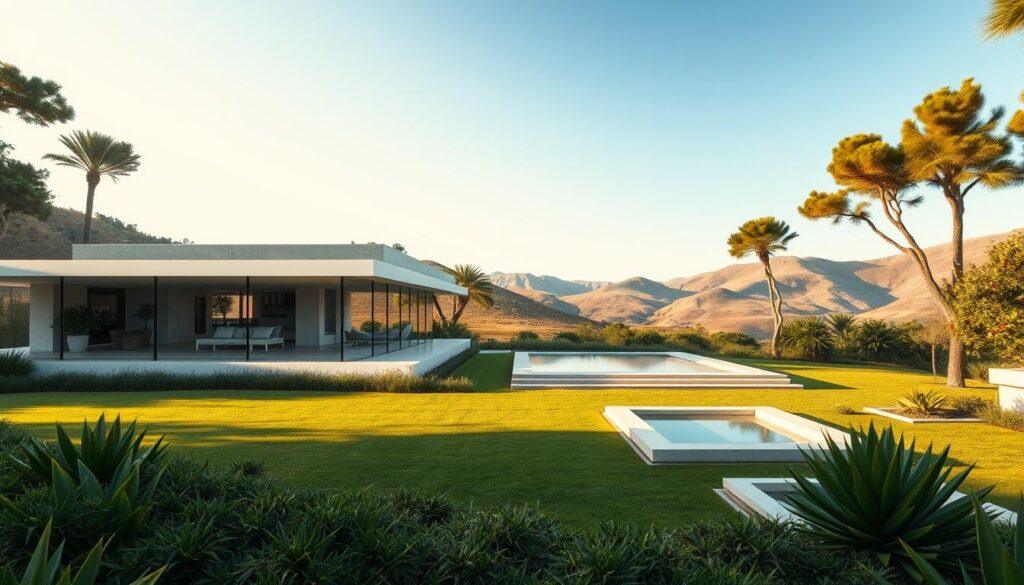 A serene modernist villa inspired by iconic examples like Farnsworth House, Glass House, and Barcelona Pavilion. In the foreground, a sleek minimalist structure with large glass walls reflecting natural surroundings, blending indoors and outdoors. Surrounding the villa, a lush landscape with manicured gardens, geometric shapes, and tranquil water features. The middle ground features soft, diffused daylight illuminating the villa's clean lines and open spaces, with a hint of soft shadows for depth. In the background, gentle rolling hills and a clear blue sky add a sense of tranquility. The atmosphere is calm and inviting, evoking a sense of harmony between architecture and nature. Capture the mood with a wide-angle perspective that emphasizes the villa's integration into its environment.