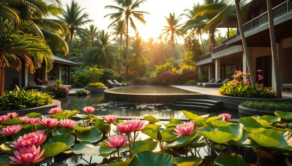 A serene scene of Balinese tropical villas showcasing elegantly designed water features. In the foreground, lush, vibrant lotus ponds filled with colorful blossoms reflect the surrounding greenery. The middle ground reveals a cascading infinity pool, its wet edge blending seamlessly into the natural landscape, bordered by carefully manicured tropical plants. Towering palm trees and flowering shrubs create a lush backdrop, contributing to the tranquil atmosphere. The scene is illuminated by soft, golden sunlight filtering through the trees, casting gentle shadows and enhancing the vibrant colors. A wide-angle perspective captures the harmony of the villas with nature, focusing on the interplay of water and plant life, evoking a sense of tranquility and relaxation. A serene scene of Balinese tropical villas showcasing elegantly designed water features. In the foreground, lush, vibrant lotus ponds filled with colorful blossoms reflect the surrounding greenery. The middle ground reveals a cascading infinity pool, its wet edge blending seamlessly into the natural landscape, bordered by carefully manicured tropical plants. Towering palm trees and flowering shrubs create a lush backdrop, contributing to the tranquil atmosphere. The scene is illuminated by soft, golden sunlight filtering through the trees, casting gentle shadows and enhancing the vibrant colors. A wide-angle perspective captures the harmony of the villas with nature, focusing on the interplay of water and plant life, evoking a sense of tranquility and relaxation.