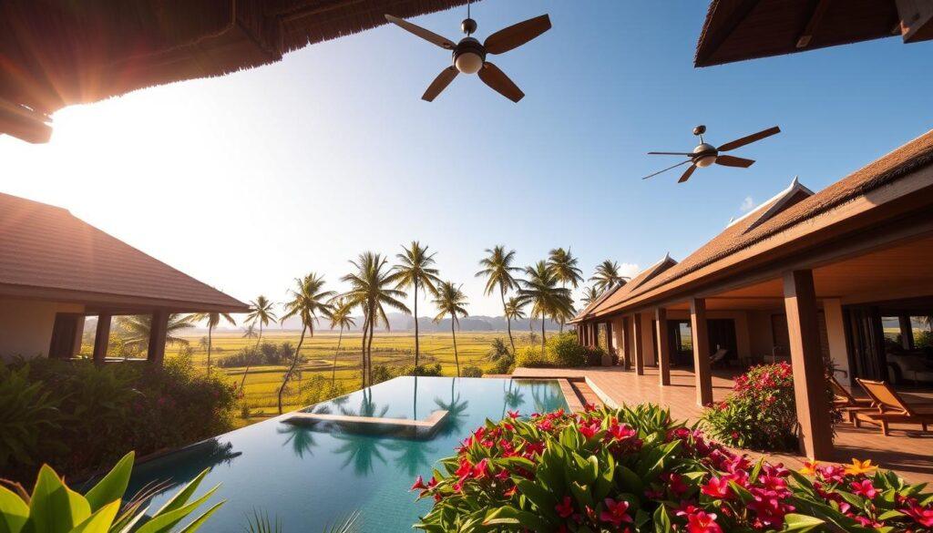 A serene scene of Balinese tropical villas, showcasing traditional architecture with thatched roofs and wooden beams. In the foreground, lush green courtyards filled with colorful tropical flowers surround the villas. The middle ground features a luxurious infinity pool that reflects the sky, bordered by shaded verandas with ceiling fans gently stirring the air, creating a passive cooling effect. The background highlights towering palm trees and distant rice paddies under a clear blue sky, with soft, warm sunlight filtering through the foliage, casting playful shadows. The atmosphere is tranquil and inviting, perfect for relaxation, with a hint of tropical luxury inviting cross breezes through open spaces. Capture this in a wide-angle view to emphasize the harmony between architecture and nature. A serene scene of Balinese tropical villas, showcasing traditional architecture with thatched roofs and wooden beams. In the foreground, lush green courtyards filled with colorful tropical flowers surround the villas. The middle ground features a luxurious infinity pool that reflects the sky, bordered by shaded verandas with ceiling fans gently stirring the air, creating a passive cooling effect. The background highlights towering palm trees and distant rice paddies under a clear blue sky, with soft, warm sunlight filtering through the foliage, casting playful shadows. The atmosphere is tranquil and inviting, perfect for relaxation, with a hint of tropical luxury inviting cross breezes through open spaces. Capture this in a wide-angle view to emphasize the harmony between architecture and nature.