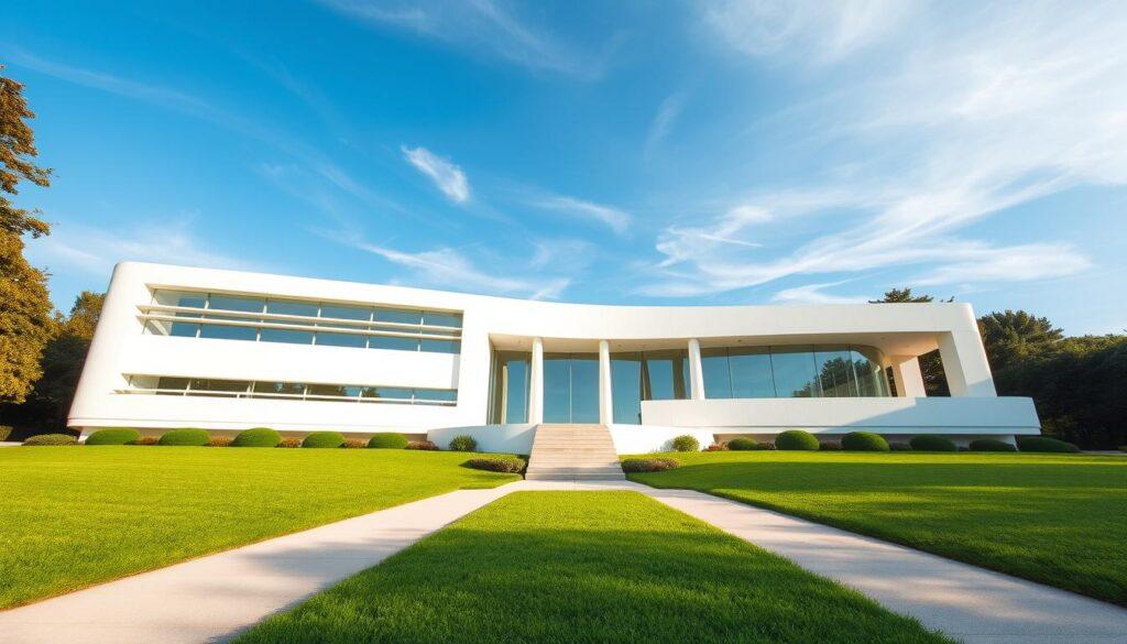 A serene view of Villa Savoye, designed by Le Corbusier, emphasizing the iconic promenade pilotis and innovative free plan. The foreground features the villa's sleek, curved white façade with large horizontal windows and elegant columns creating an airy feeling. The middle ground reveals the beautifully manicured garden, with carefully placed greenery and a simple pathway leading to the entrance. In the background, a clear blue sky with soft, wispy clouds enhances the tranquil atmosphere. Soft, natural lighting illuminates the scene, casting gentle shadows from the villa's unique architectural elements. The image is captured from a low angle, highlighting the villa's elevated structure amidst the lush surroundings. The overall mood is modern, peaceful, and reflective of architectural innovation.