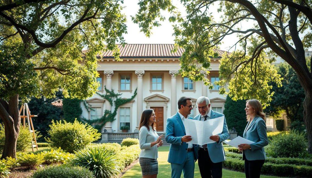 A serene villa restoration planning scene showcasing an outdoor meeting in front of a historic villa surrounded by lush gardens. In the foreground, a diverse group of three professionals in business attire are examining blueprints and discussing strategies. The middle section features the villa with elegant architectural details, such as ornate columns and terracotta roof tiles, partially obscured by climbing vines. In the background, soft sunlight filters through the leaves of eucalyptus trees, creating a dappled light effect. Capture the image from a slightly elevated angle, emphasizing the collaborative spirit and thoughtful atmosphere of the strategic planning process. The overall mood is one of dedication and harmony with nature, embodying the essence of careful preservation efforts. A serene villa restoration planning scene showcasing an outdoor meeting in front of a historic villa surrounded by lush gardens. In the foreground, a diverse group of three professionals in business attire are examining blueprints and discussing strategies. The middle section features the villa with elegant architectural details, such as ornate columns and terracotta roof tiles, partially obscured by climbing vines. In the background, soft sunlight filters through the leaves of eucalyptus trees, creating a dappled light effect. Capture the image from a slightly elevated angle, emphasizing the collaborative spirit and thoughtful atmosphere of the strategic planning process. The overall mood is one of dedication and harmony with nature, embodying the essence of careful preservation efforts.