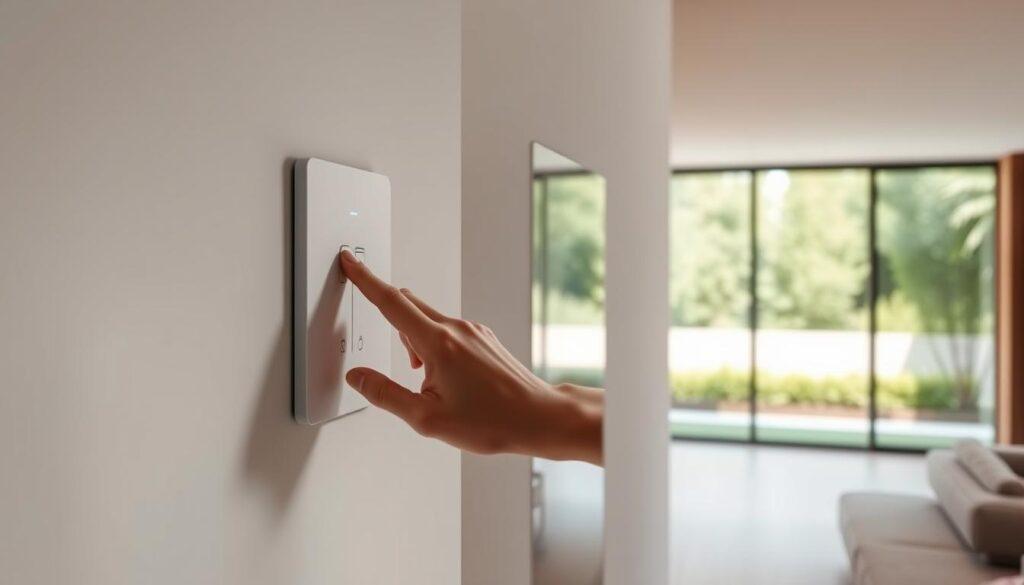 A sleek and modern luxury switch design, elegantly mounted on a smooth, minimalist wall. The switch has a matte white finish with subtle touch controls, embodying simplicity and sophistication. In the foreground, a stylish hand reaches to toggle the switch, emphasizing seamless functionality. The middle ground reveals a softly lit, expansive villa interior featuring large windows and natural wood accents, enhancing the minimalist aesthetic. The background showcases lush greenery outside, merging nature with technology. Soft, diffused lighting creates a warm and inviting atmosphere, while the angle captures both the switch and the villa’s elegant design. The overall mood is serene and refined, highlighting the intersection of technology and minimalism in luxury living.