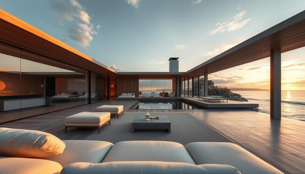 A stunning E1027 architecture design, showcasing an elegant villa perched near the seaside. In the foreground, highlight the distinctive integrated furniture, emphasizing human scale and modernist resilience, seamlessly blending with the interior. The middle ground reveals expansive glass walls allowing natural light to illuminate the space, with soft shadows playing across minimalist wooden accents. The background features gentle waves lapping against the shore, with a tranquil sky transitioning from warm sunset hues to cool evening tones. The mood is serene and contemplative, inviting viewers to experience the harmony between design and nature. Use a wide-angle lens to capture the villa's grandeur, with a focus on the interplay of light and architecture. A stunning E1027 architecture design, showcasing an elegant villa perched near the seaside. In the foreground, highlight the distinctive integrated furniture, emphasizing human scale and modernist resilience, seamlessly blending with the interior. The middle ground reveals expansive glass walls allowing natural light to illuminate the space, with soft shadows playing across minimalist wooden accents. The background features gentle waves lapping against the shore, with a tranquil sky transitioning from warm sunset hues to cool evening tones. The mood is serene and contemplative, inviting viewers to experience the harmony between design and nature. Use a wide-angle lens to capture the villa's grandeur, with a focus on the interplay of light and architecture.