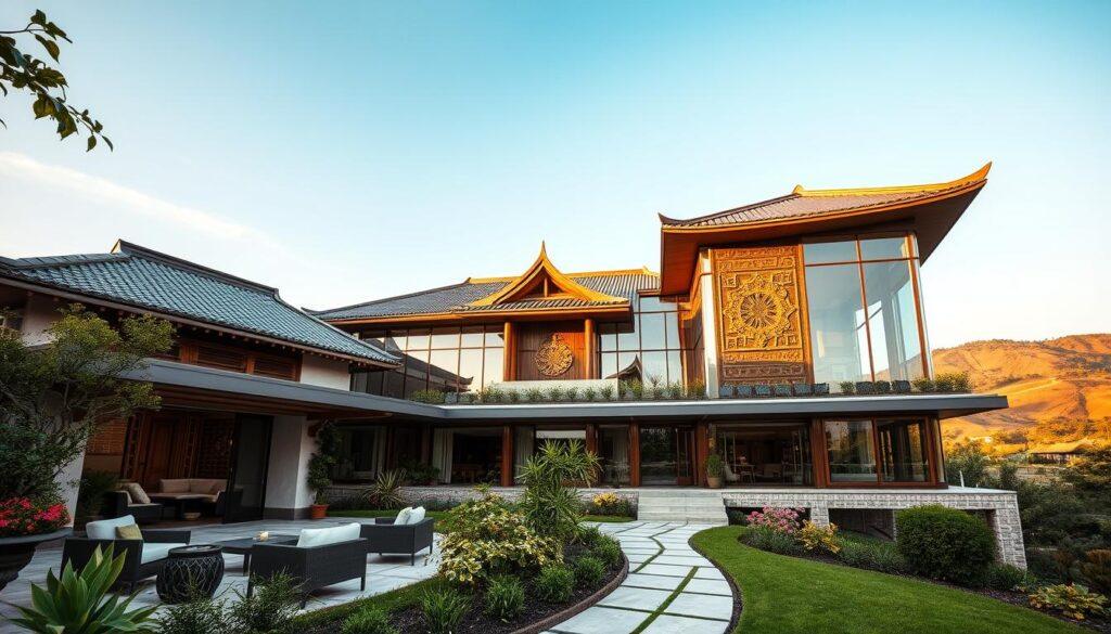 A stunning fusion villa blending modern and traditional architectural elements, showcasing a striking primary style of contemporary design accented with ornate traditional decorations. In the foreground, a welcoming patio area with stylish outdoor furniture invites relaxation, while lush greenery and vibrant flowers enhance the scene's warmth. The middle ground highlights the villa's sleek glass façade juxtaposed with intricate wooden carvings and traditional tile patterns. In the background, a serene landscape features rolling hills and a clear blue sky, suggesting tranquility. The lighting is soft and warm, casting gentle shadows and emphasizing textures. A low-angle perspective captures the villa's grandeur, evoking a sense of timeless character and elegance. The overall mood is peaceful and harmonious, reflecting a perfect blend of modern aesthetics and traditional charm. A stunning fusion villa blending modern and traditional architectural elements, showcasing a striking primary style of contemporary design accented with ornate traditional decorations. In the foreground, a welcoming patio area with stylish outdoor furniture invites relaxation, while lush greenery and vibrant flowers enhance the scene's warmth. The middle ground highlights the villa's sleek glass façade juxtaposed with intricate wooden carvings and traditional tile patterns. In the background, a serene landscape features rolling hills and a clear blue sky, suggesting tranquility. The lighting is soft and warm, casting gentle shadows and emphasizing textures. A low-angle perspective captures the villa's grandeur, evoking a sense of timeless character and elegance. The overall mood is peaceful and harmonious, reflecting a perfect blend of modern aesthetics and traditional charm.