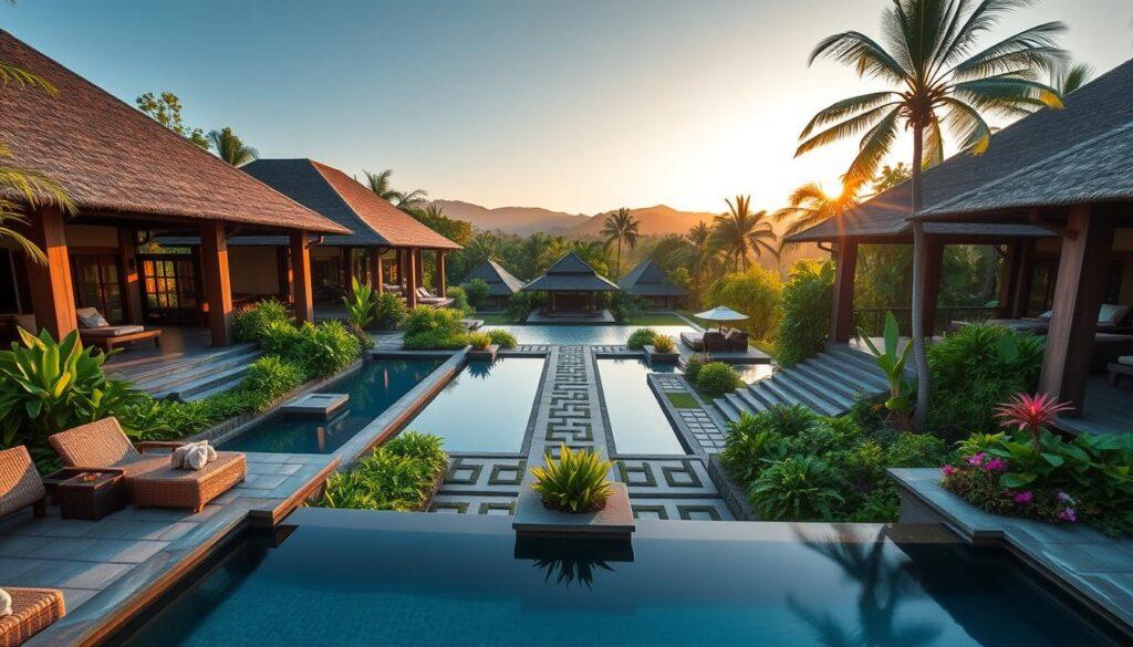 Luxurious Balinese tropical villas surrounded by lush greenery, featuring elegant pavilions with thatched roofs, crafted from rich teak and suar woods. The foreground showcases a serene infinity pool, reflecting the clear blue sky, with rattan lounge chairs and vibrant tropical plants perfectly arranged around it. In the middle, intricate stone pathways made of andesite lava stone lead to the villas, while lush courtyards are filled with exotic flowers and greenery. The background displays rolling hills and tall palm trees under soft, diffused sunset lighting that casts a warm, inviting glow over the scene. The overall mood is tranquil and idyllic, embodying a peaceful retreat immersed in nature. Capture this from a slightly elevated angle to showcase the harmony of design and environment. Luxurious Balinese tropical villas surrounded by lush greenery, featuring elegant pavilions with thatched roofs, crafted from rich teak and suar woods. The foreground showcases a serene infinity pool, reflecting the clear blue sky, with rattan lounge chairs and vibrant tropical plants perfectly arranged around it. In the middle, intricate stone pathways made of andesite lava stone lead to the villas, while lush courtyards are filled with exotic flowers and greenery. The background displays rolling hills and tall palm trees under soft, diffused sunset lighting that casts a warm, inviting glow over the scene. The overall mood is tranquil and idyllic, embodying a peaceful retreat immersed in nature. Capture this from a slightly elevated angle to showcase the harmony of design and environment.