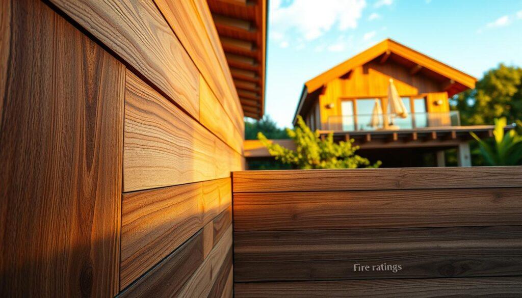 A beautifully designed villa exterior featuring elegant timber cladding, showcasing various wood species with intricate textures and natural aging patterns. The foreground highlights detailed close-ups of the timber panels, emphasizing grain variations and potential fire ratings annotated subtly in the grain. In the middle ground, the villa’s structure rises, with soft shadows cast from the overhanging roof, giving depth and warmth to the scene. The background includes lush greenery and a clear blue sky, enhancing the natural aesthetic. Golden hour lighting bathes the scene in warm tones, creating an inviting atmosphere. The perspective is slightly angled to capture the layered dimensions of the cladding, ensuring a focus on its architectural beauty and material qualities. A beautifully designed villa exterior featuring elegant timber cladding, showcasing various wood species with intricate textures and natural aging patterns. The foreground highlights detailed close-ups of the timber panels, emphasizing grain variations and potential fire ratings annotated subtly in the grain. In the middle ground, the villa’s structure rises, with soft shadows cast from the overhanging roof, giving depth and warmth to the scene. The background includes lush greenery and a clear blue sky, enhancing the natural aesthetic. Golden hour lighting bathes the scene in warm tones, creating an inviting atmosphere. The perspective is slightly angled to capture the layered dimensions of the cladding, ensuring a focus on its architectural beauty and material qualities.