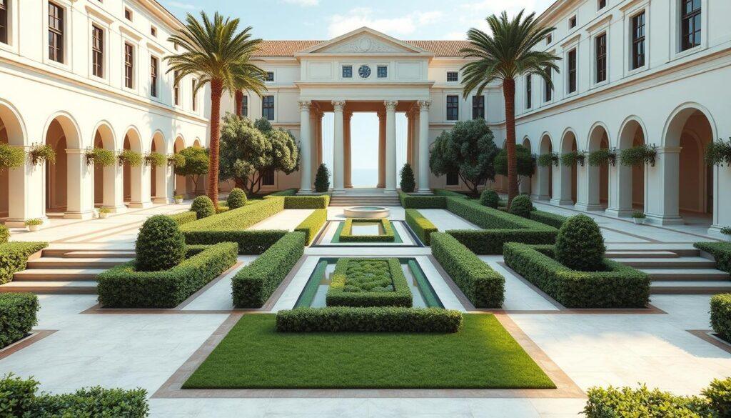 A beautifully detailed axial planning layout of a luxurious villa, showcasing distinct sections for navigation, ceremony, and casual life. In the foreground, elegant pathways lined with manicured hedges lead to a grand entrance adorned with classical columns. The middle ground features an open courtyard filled with lush greenery and a serene water feature, symbolizing harmonious congregation spaces. In the background, soft, diffused lighting bathes the scene, with a clear blue sky overhead. The viewpoint captures a symmetrical perspective, emphasizing the axial alignment. The atmosphere is tranquil yet sophisticated, embodying the essence of axial classicism against a backdrop of modern design elements. No human figures are present, ensuring a clean and focused visual narrative of the space. A beautifully detailed axial planning layout of a luxurious villa, showcasing distinct sections for navigation, ceremony, and casual life. In the foreground, elegant pathways lined with manicured hedges lead to a grand entrance adorned with classical columns. The middle ground features an open courtyard filled with lush greenery and a serene water feature, symbolizing harmonious congregation spaces. In the background, soft, diffused lighting bathes the scene, with a clear blue sky overhead. The viewpoint captures a symmetrical perspective, emphasizing the axial alignment. The atmosphere is tranquil yet sophisticated, embodying the essence of axial classicism against a backdrop of modern design elements. No human figures are present, ensuring a clean and focused visual narrative of the space.