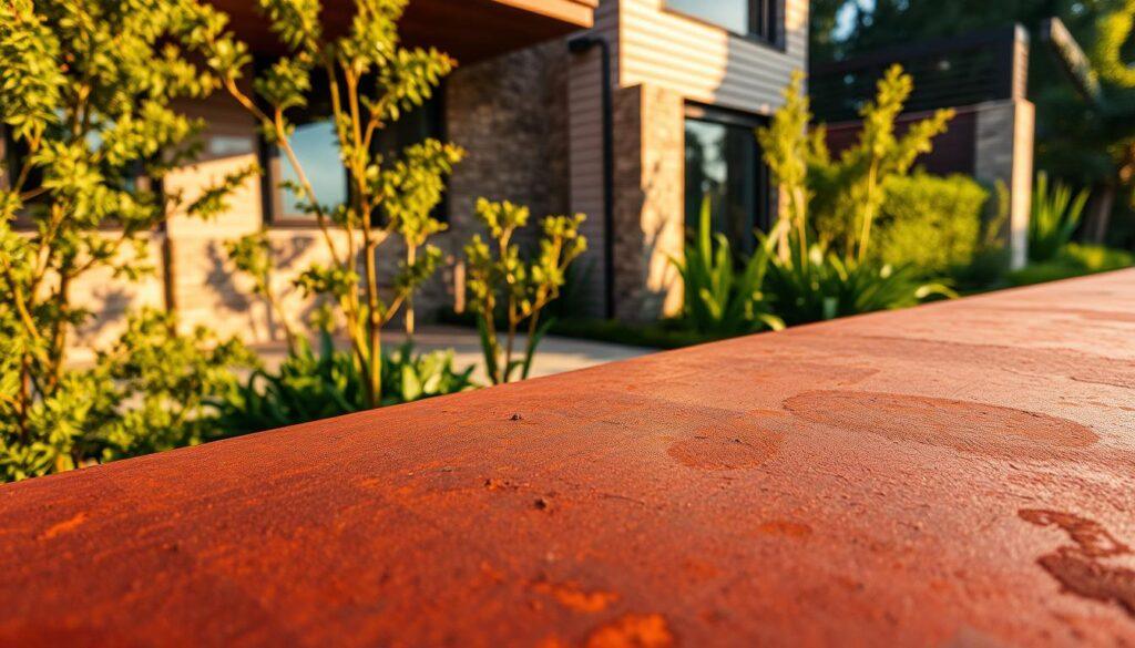 A close-up of corten steel, showcasing its rich, rust-like patina with deep oranges and browns, reflecting a weathered texture. In the foreground, a smooth, charred surface of corten steel is highlighted, with intricate details of corroded edges and natural patterns. The middle includes a contemporary villa wall partially composed of corten, casting distinct shadows that intermingle with the surrounding natural stone and timber elements. In the background, lush greenery contrasts with the industrial material, enhancing the organic feel of the scene. The lighting is warm and soft, with golden hour sunlight accentuating the contours and colors of the corten steel. The mood is a harmonious blend of rustic and modern, evoking sophistication and depth in architectural design. A close-up of corten steel, showcasing its rich, rust-like patina with deep oranges and browns, reflecting a weathered texture. In the foreground, a smooth, charred surface of corten steel is highlighted, with intricate details of corroded edges and natural patterns. The middle includes a contemporary villa wall partially composed of corten, casting distinct shadows that intermingle with the surrounding natural stone and timber elements. In the background, lush greenery contrasts with the industrial material, enhancing the organic feel of the scene. The lighting is warm and soft, with golden hour sunlight accentuating the contours and colors of the corten steel. The mood is a harmonious blend of rustic and modern, evoking sophistication and depth in architectural design.