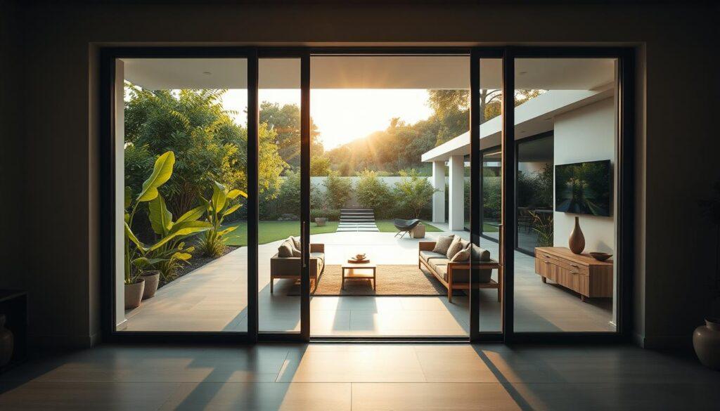 A modern villa interior seamlessly transitions to an outdoor living space through exquisite disappearing doors. In the foreground, sleek, minimalist sliding glass doors are partially opened, revealing a sun-drenched patio filled with lush greenery. The middle ground showcases a sophisticated sitting area with contemporary furniture, accentuated by natural wood tones and neutral colors, creating a cozy yet elegant atmosphere. In the background, the vibrant garden seamlessly blends into the villa, emphasized by soft lighting that highlights the textures of the landscape during golden hour. The perspective captures a wide-angle view, enhancing the feeling of openness and connection with the outdoors. The mood is tranquil and inviting, embodying the essence of threshold magic that harmonizes indoor and outdoor living.