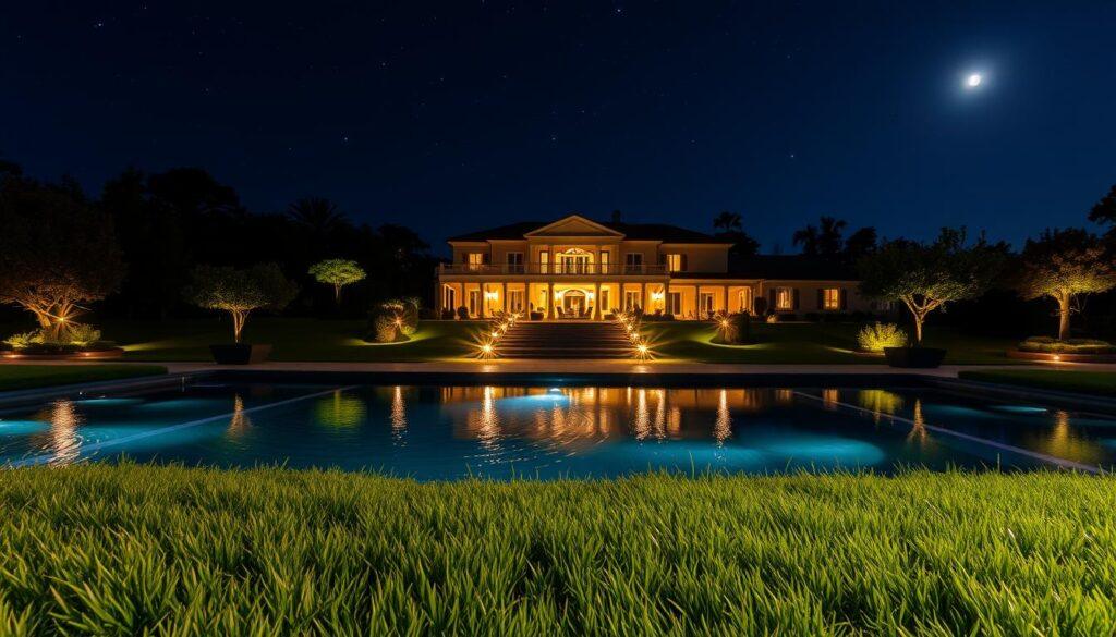 A serene villa landscape at night featuring elegant water features that shimmer under the moonlight. In the foreground, soft, lush grass frames a tranquil reflecting pool, with subtle ripples catching the light. The middle ground reveals a gracefully lit path lined with stylish uplights, guiding the viewer to a beautifully manicured terrace. The background showcases the villa itself, architecturally stunning with warm, ambient lighting enhancing its features. Stars twinkle overhead, casting a magical atmosphere. Capture this scene with a wide-angle lens to emphasize depth and tranquility, ensuring a peaceful, safe ambiance while evoking feelings of relaxation and luxury.