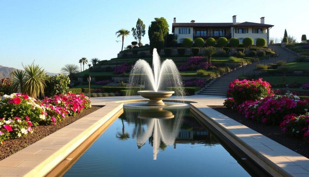 A serene villa landscape showcasing elegant water features including rills, scuppers, fountains, troughs, cascades, mirror pools, and filtration systems. In the foreground, a gently flowing rill leads to a tranquil mirror pool, reflecting the clear blue sky. Surrounding the water are lush, manicured gardens filled with vibrant blossoms, enhancing the scene's beauty. In the middle ground, a stylish fountain sprays water into the air, catching the sunlight and creating sparkling droplets. The background features terraced landscaping with natural stone paths, leading to a picturesque villa adorned with traditional architecture. The scene is illuminated by soft, warm lighting during the golden hour, evoking a sense of relaxation and luxury. The composition captures an inviting and serene atmosphere, perfect for a resort-caliber setting.