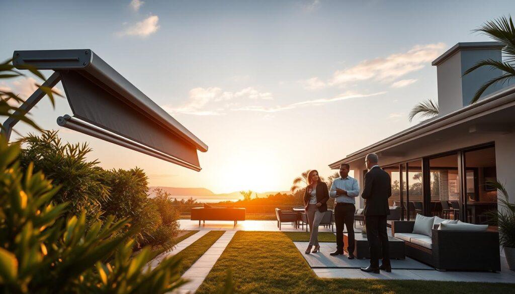 A sleek, modern villa seamlessly integrated into a lush outdoor landscape, featuring year-round heating and misting retractable screens. In the foreground, the retractable screens are partially opened, showcasing their elegant design. Clients in professional attire are discussing options for storm prep, demonstrating the functionality of these screens during adverse weather. The middle ground highlights a spacious patio furnished with stylish outdoor furniture, surrounded by greenery. The background reveals a serene sunset, creating a warm, inviting glow that enhances the atmosphere. Soft, diffused lighting casts gentle shadows, emphasizing the architectural features of the villa. The overall mood is tranquil yet sophisticated, capturing the essence of seamless indoor-outdoor living.