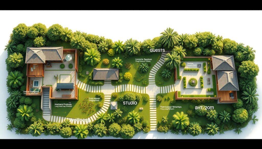 Vividly illustrated floor plan of a villa with a focus on pavilion compounds showcasing distinct areas for guests, studio, and wellness pavilions. The layout emphasizes an organic flow between pavilions, surrounded by lush greenery and tranquil outdoor spaces. In the foreground, detailed architectural symbols and annotations highlight specific features like entrances, windows, and landscaping. The middle ground features interconnected paths leading to each pavilion, while the background reveals a serene setting with gentle lighting suggesting early morning or late afternoon sun, casting soft shadows. The overall mood is harmonious and restorative, inviting a sense of peaceful retreat, suitable for wellness and relaxation. The image should capture a professional perspective, presenting the layout from a bird’s eye view with a clear, clean aesthetic, without any text or distractions. Vividly illustrated floor plan of a villa with a focus on pavilion compounds showcasing distinct areas for guests, studio, and wellness pavilions. The layout emphasizes an organic flow between pavilions, surrounded by lush greenery and tranquil outdoor spaces. In the foreground, detailed architectural symbols and annotations highlight specific features like entrances, windows, and landscaping. The middle ground features interconnected paths leading to each pavilion, while the background reveals a serene setting with gentle lighting suggesting early morning or late afternoon sun, casting soft shadows. The overall mood is harmonious and restorative, inviting a sense of peaceful retreat, suitable for wellness and relaxation. The image should capture a professional perspective, presenting the layout from a bird’s eye view with a clear, clean aesthetic, without any text or distractions.