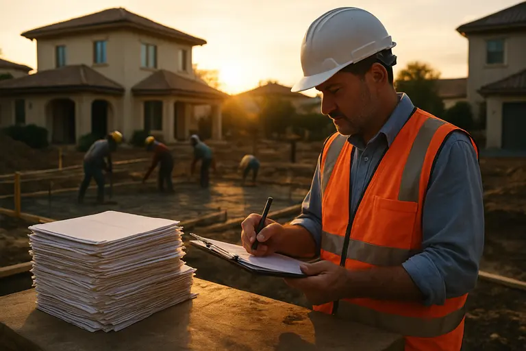 Approved plans, inspection notes, and a permit card organized in a folder