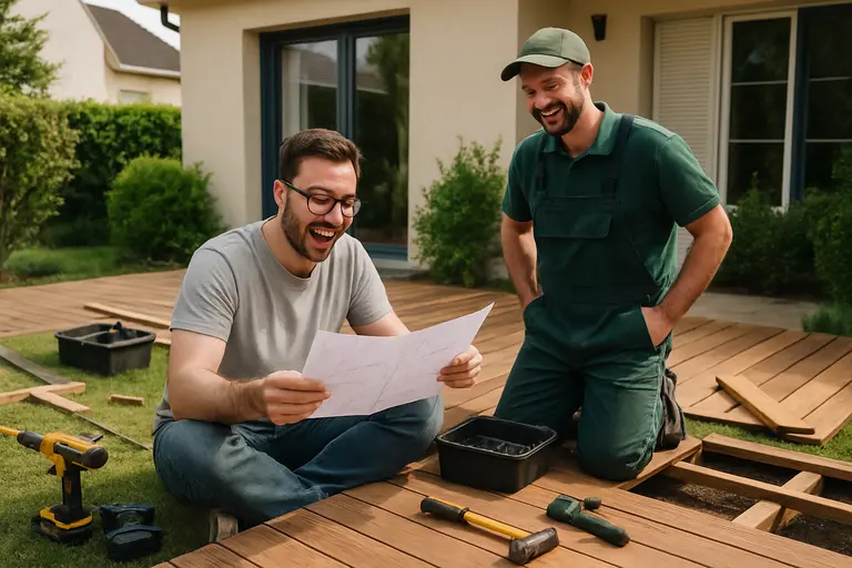 Homeowner marking patio zones with stakes while a contractor reviews the site