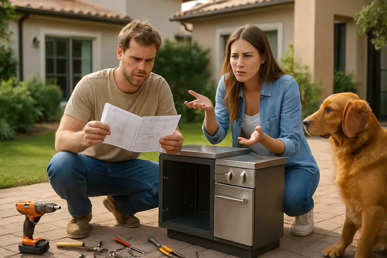 Homeowner reviewing patio plans while contractors inspect a fixed grill location