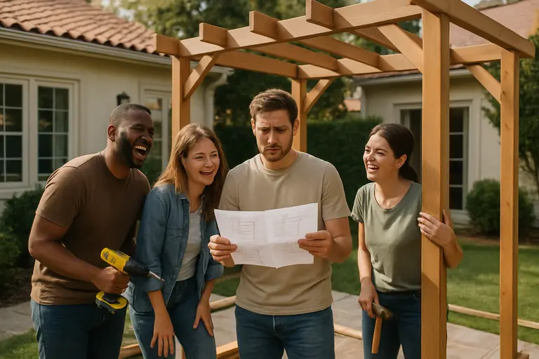 Homeowner reviewing patio samples while a contractor checks a covered structure