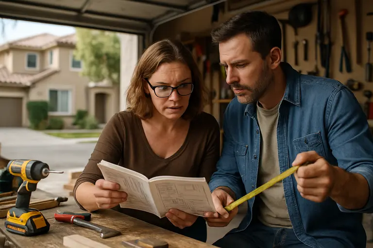 Contractor and homeowner discussing plans near a partially built outdoor structure