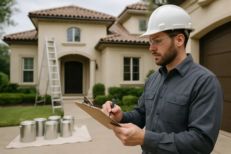 Homeowner comparing large exterior paint samples on a low garden wall