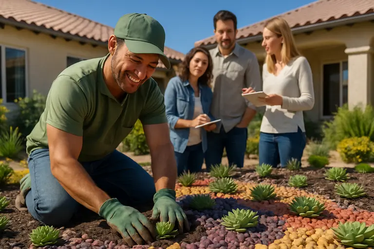 Outdoor material samples placed near native planting and a paved terrace