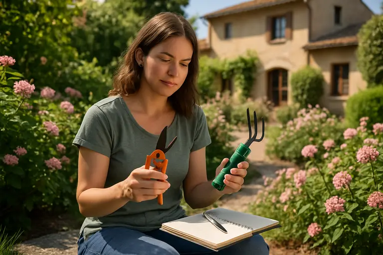 Battery trimmer, blower, and hand tools near a clean villa terrace