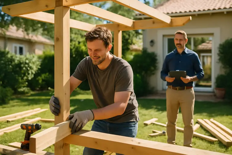 Homeowner reviewing patio plans while a contractor checks a shade structure