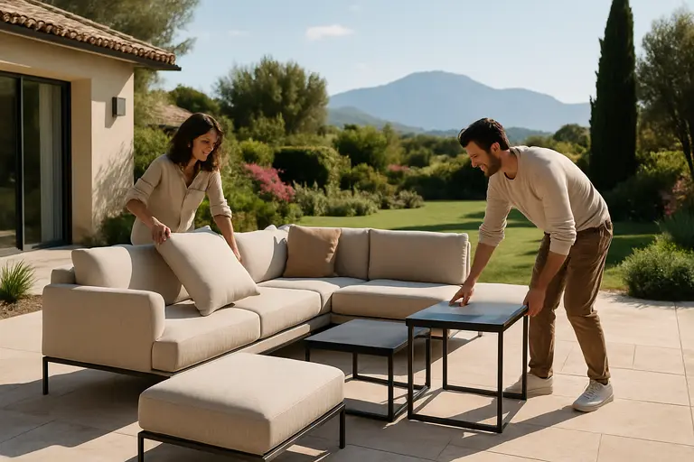 Flexible villa patio arranged for dining, reading, and conversation