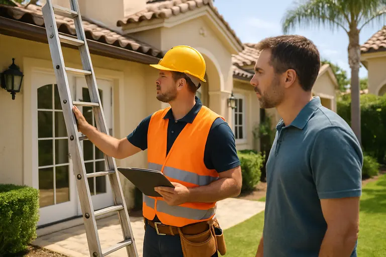 Homeowner inspecting low planting beds while a contractor checks an exterior door