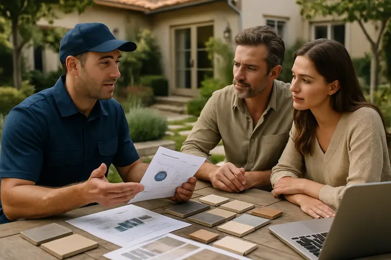 Estimate documents, material samples, and measuring tape on an outdoor table