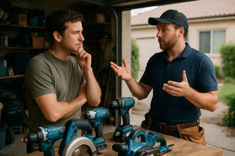 Homeowner and contractor reviewing plans near a partially finished patio area