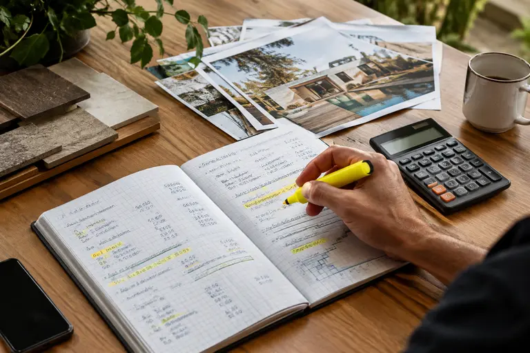 Calendar, receipts, and finish samples arranged for renovation review