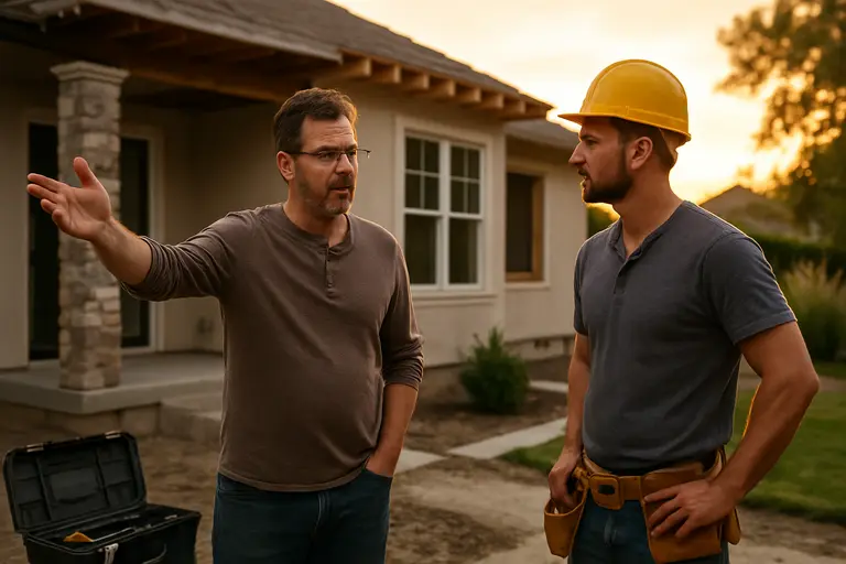 Contractor and homeowner reviewing a villa repair plan at a worktable