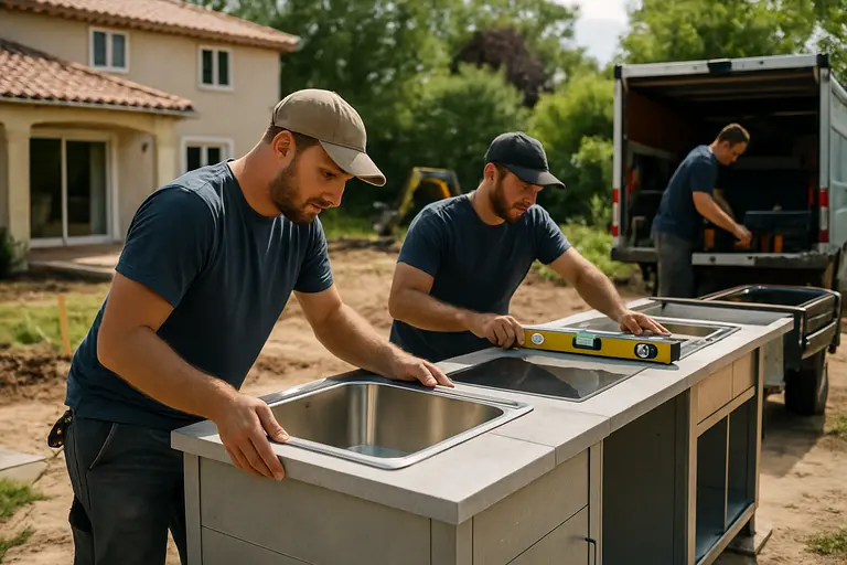 Contractor checking outdoor kitchen utility area while homeowner reviews plans