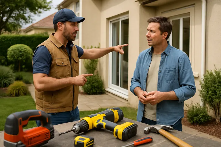 Contractor reviewing plans with a homeowner near unfinished wall framing