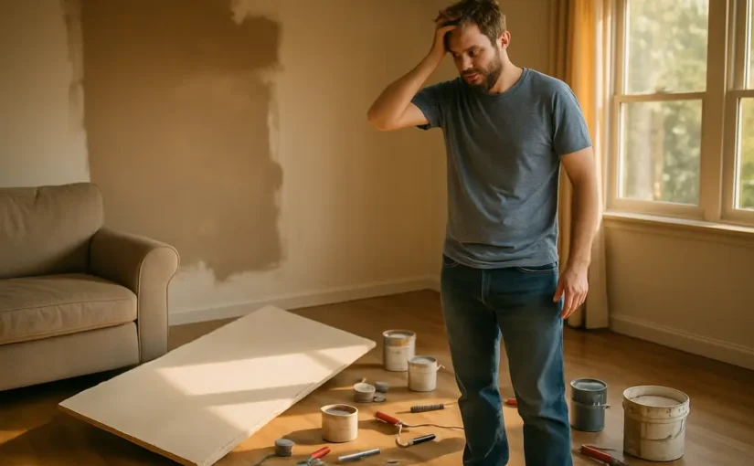 DIY Mistake Costs shown by a homeowner comparing paint samples and a budget sheet