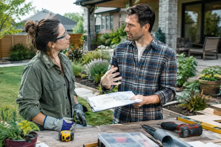 Garden tools beside marked planting areas before a yard renovation