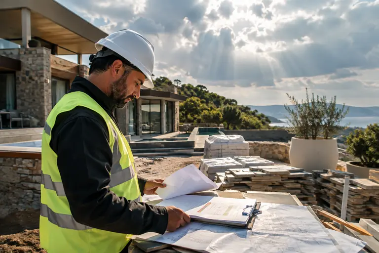 Homeowner comparing exterior product samples, notes, and contractor estimates