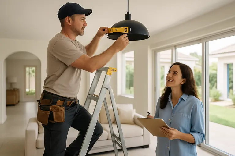 Homeowner marking a taped furniture outline on a living room floor