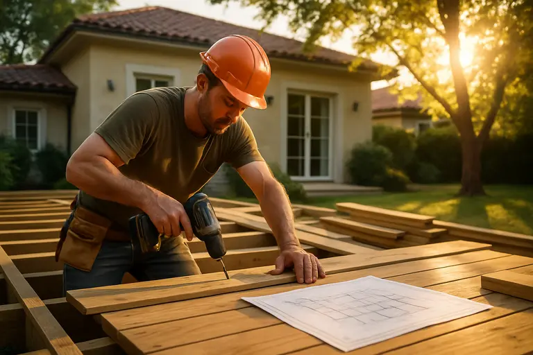 Homeowner marking patio furniture locations before exterior renovation work